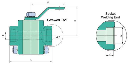 F316 3PC Stainless Steel Ball Valve Class 800/1500/2500 Drawing