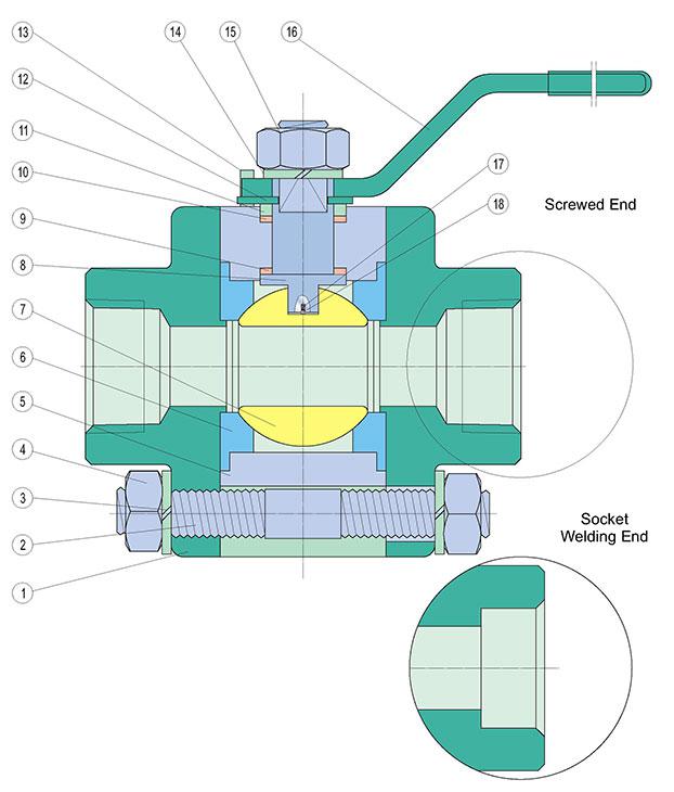 F316 3PC Stainless Steel Ball Valve Class 800/1500/2500 Drawing